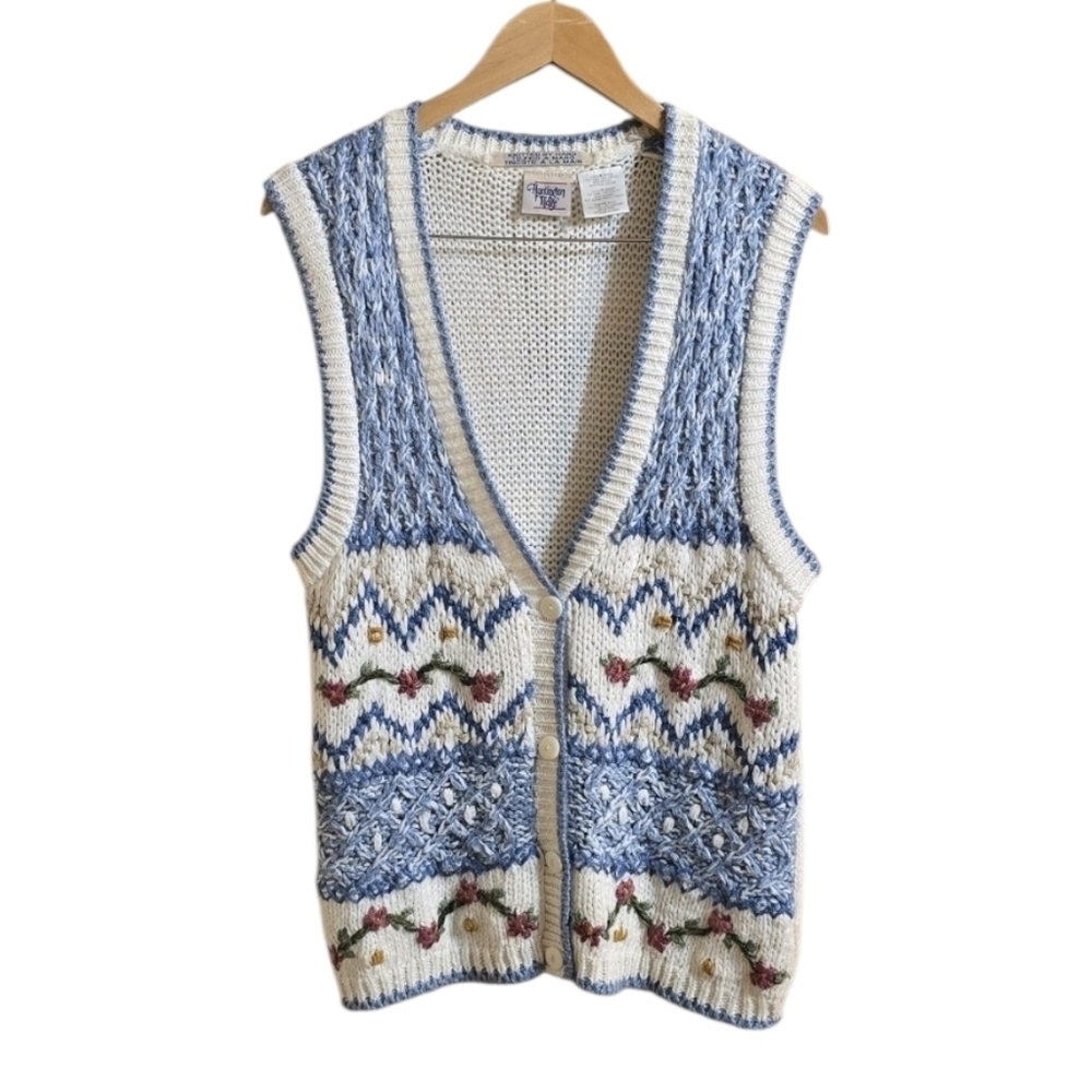 Huntington Ridge Vintage Floral Hand Knit Cottagecore Cardigan Vest. Size Medium